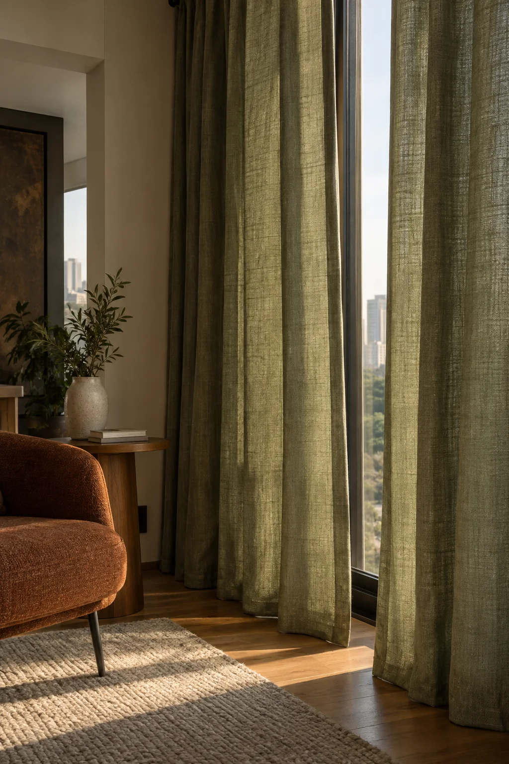 Cortinas de linho verde-oliva em janela do piso ao teto, ao lado de uma poltrona terracota