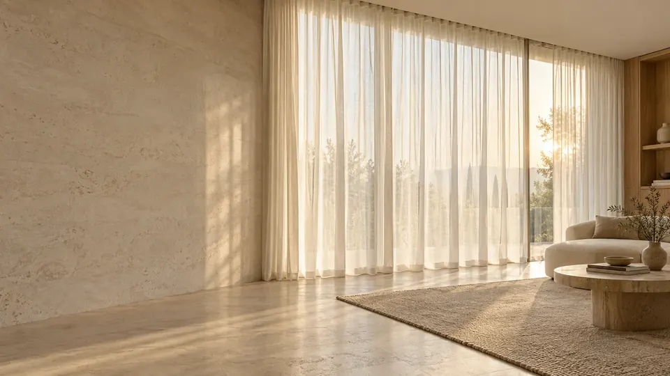 Cortinas de voil claro do teto ao piso em sala ampla, com parede de pedra, sofá curvo e tapete