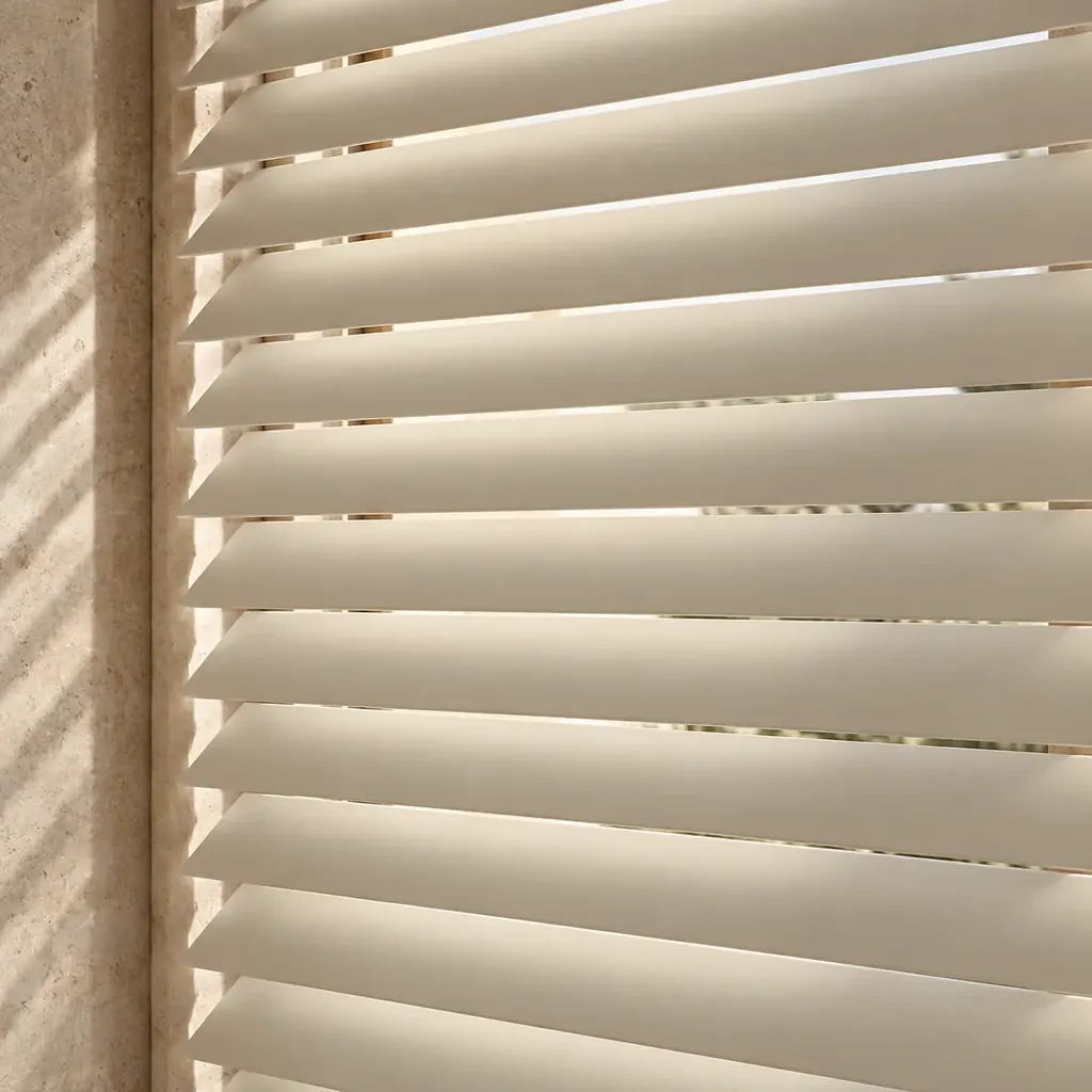 Close das lâminas claras de uma persiana horizontal, com luz passando entre elas